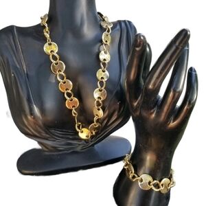 VINTAGE GOLDTONE DISK CHAIN LINK NECKLACE & BRACELET SET